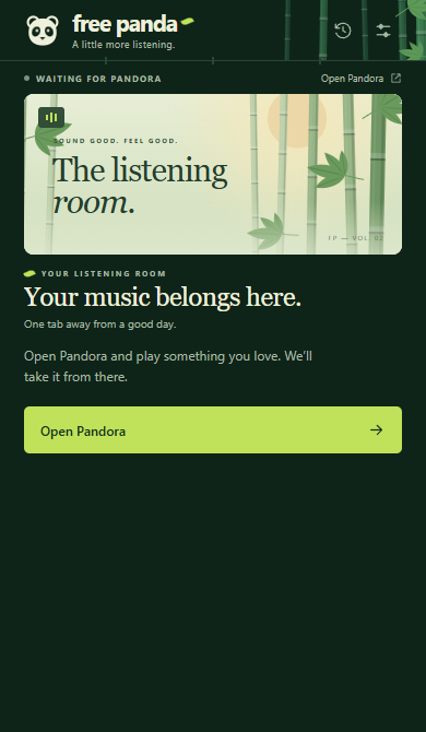 The waiting state with the message Your music belongs here and an Open Pandora button